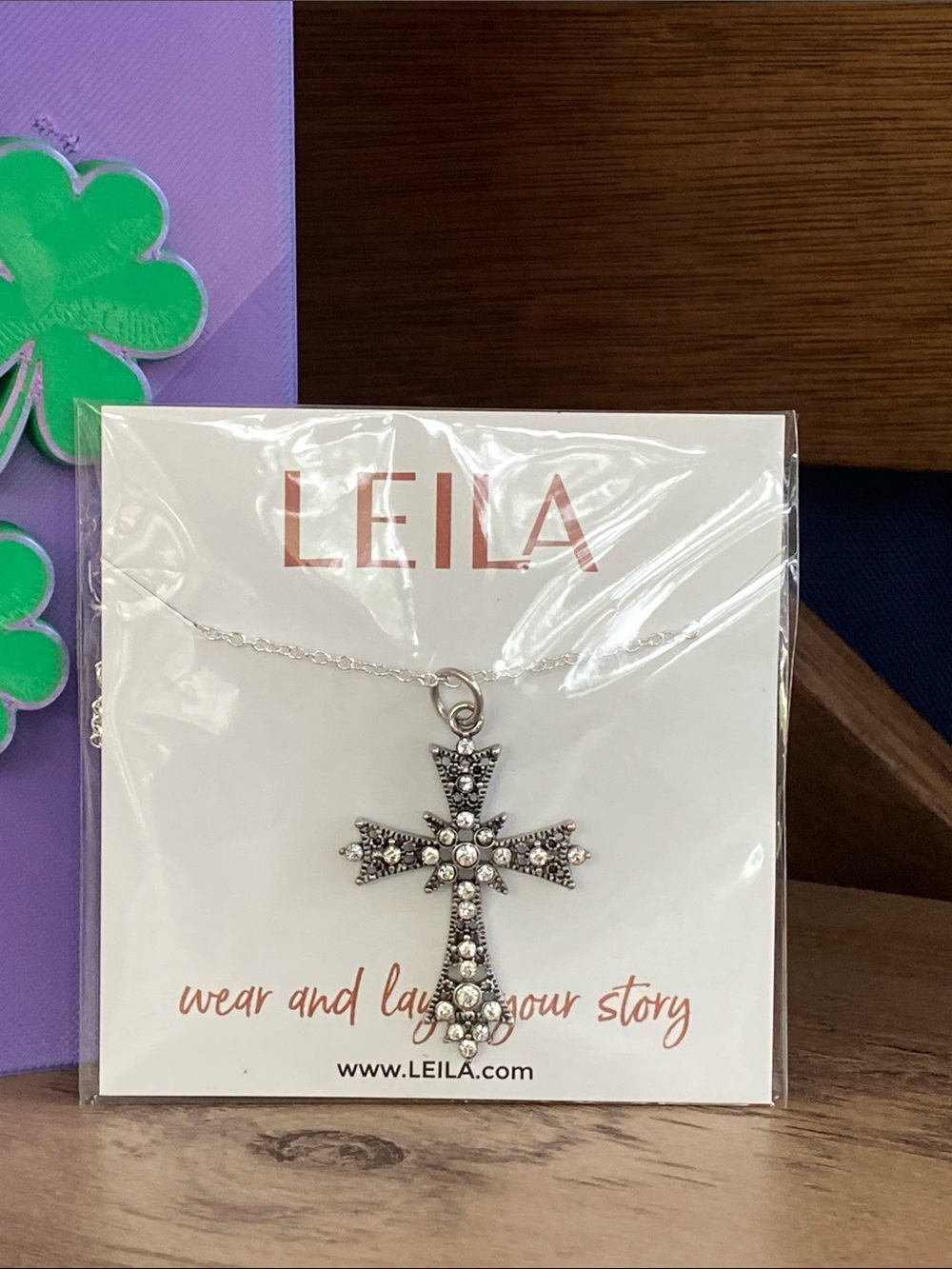 LEILA Silver Cross Pendant Necklace - Rhinestone Accent